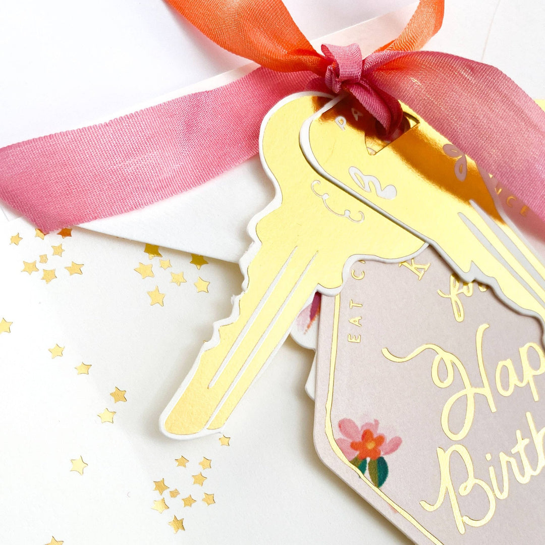 CardsHappy Birthday Party Key Tag Card with Silk Ribbon Tie