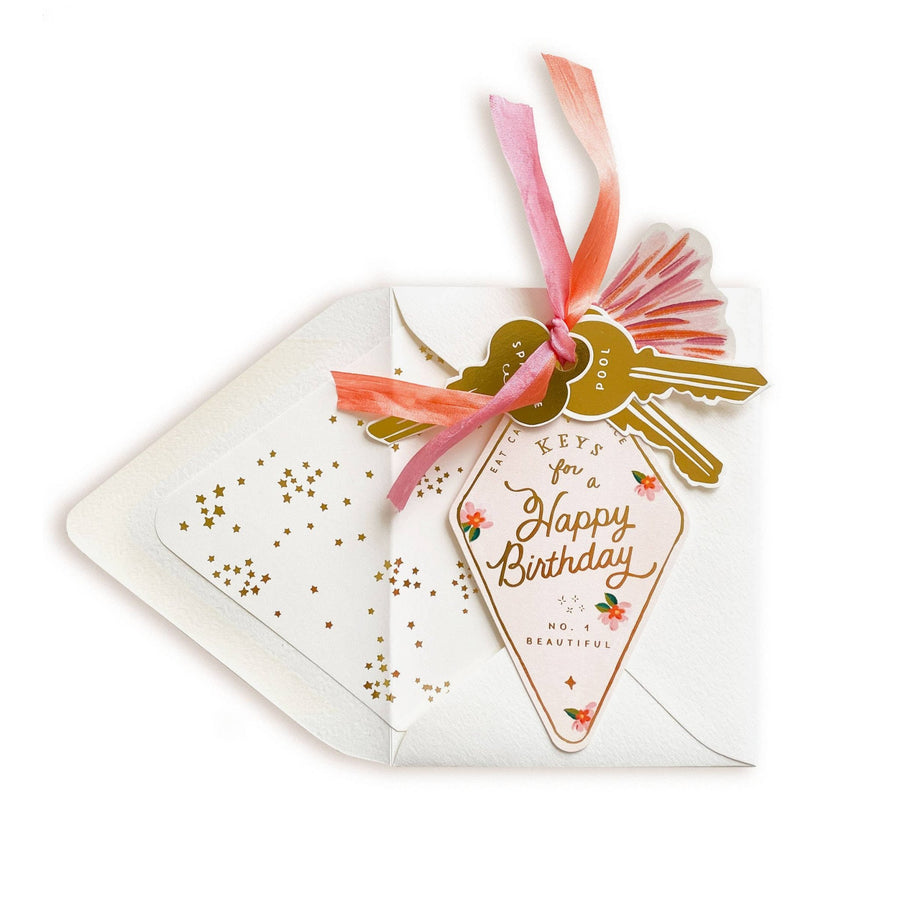 CardsHappy Birthday Party Key Tag Card with Silk Ribbon Tie